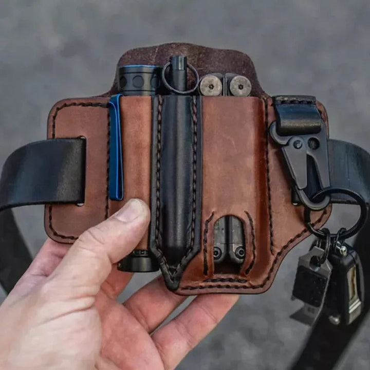 Tactical genuine leather EDC sheath, brown, designed for men's multitools on a belt