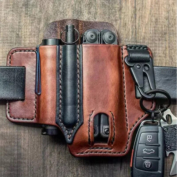 Close-up of genuine leather EDC belt sheath, durable texture & quality craftsmanship for men