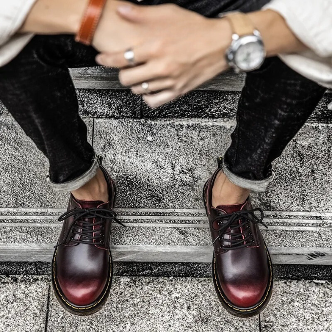 Claret men's genuine leather low-cut kicks. Dress casual comfort shoes with a modern round toe design.