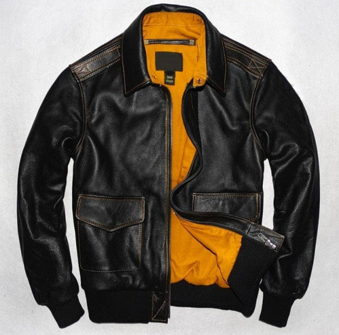 Men's genuine leather military style Air Force jacket with front zipper, dark brown color