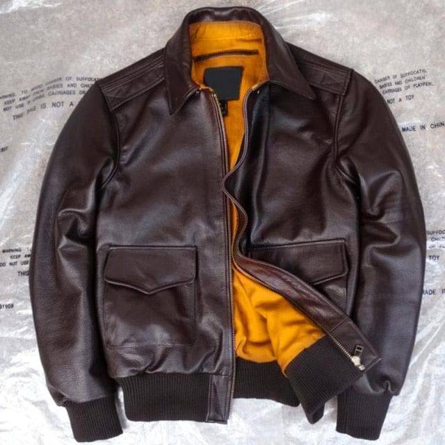Close-up of genuine leather texture on a men's military jacket, showing quality craftsmanship