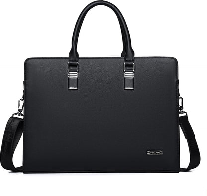 Front view of a genuine leather men's business briefcase with secure closures.