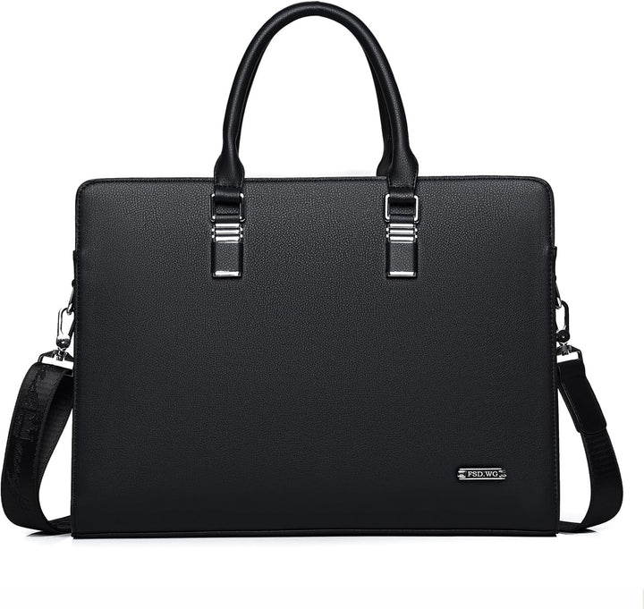 Front view of a genuine leather men's business briefcase with secure closures.