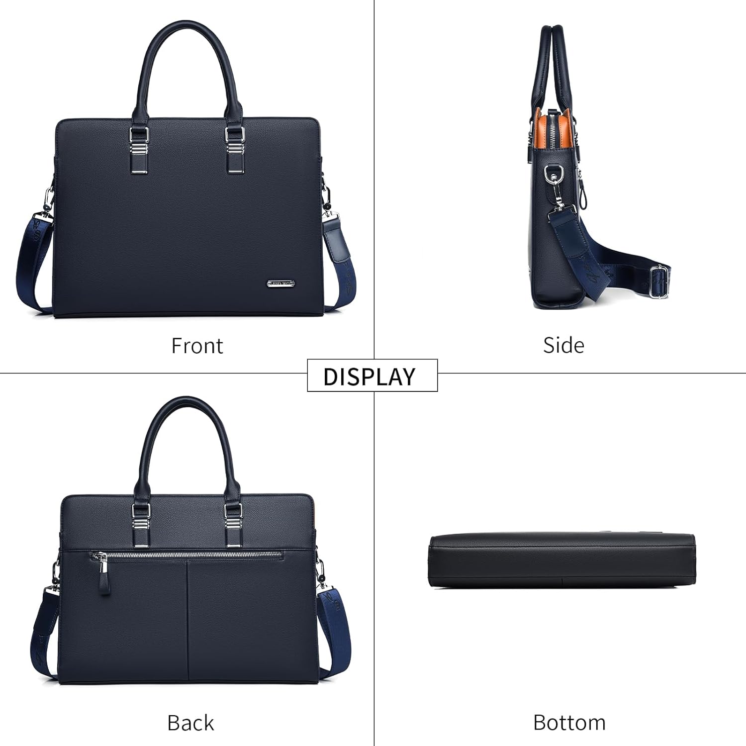Interior view of a genuine leather men's laptop briefcase showing organized compartments.