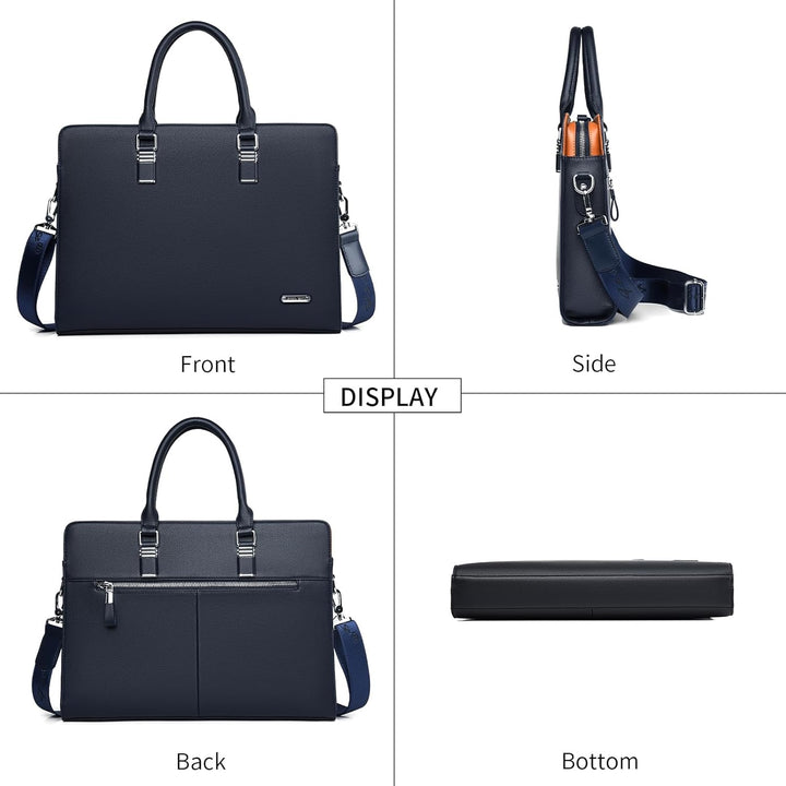 Interior view of a genuine leather men's laptop briefcase showing organized compartments.