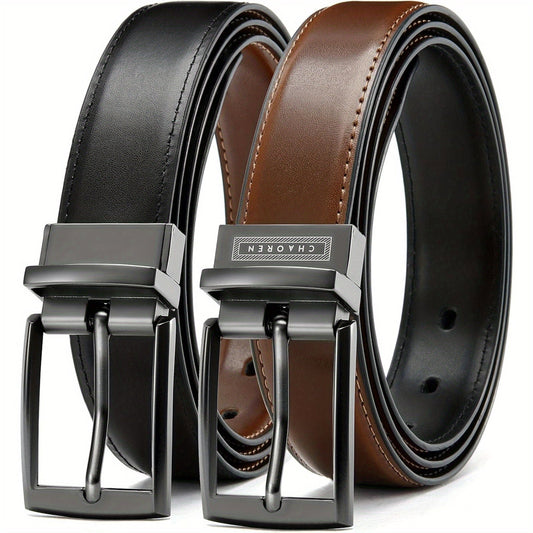 Men's genuine leather reversible belt, black/brown, with a sleek silver buckle. Ideal for dress or casual wear.