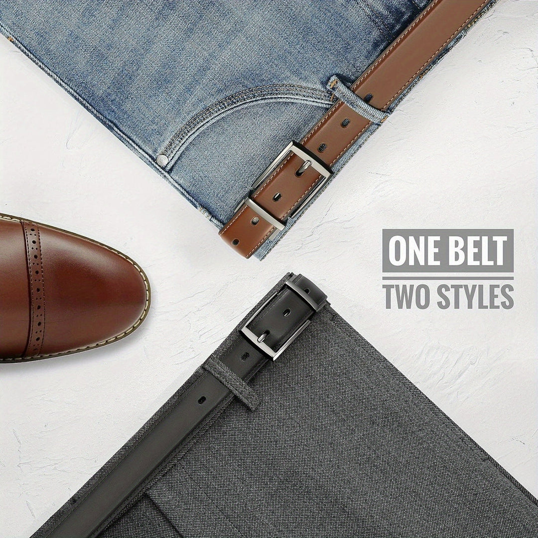 Versatile men's reversible leather belt, adjustable and durable, offering two style options for any outfit.