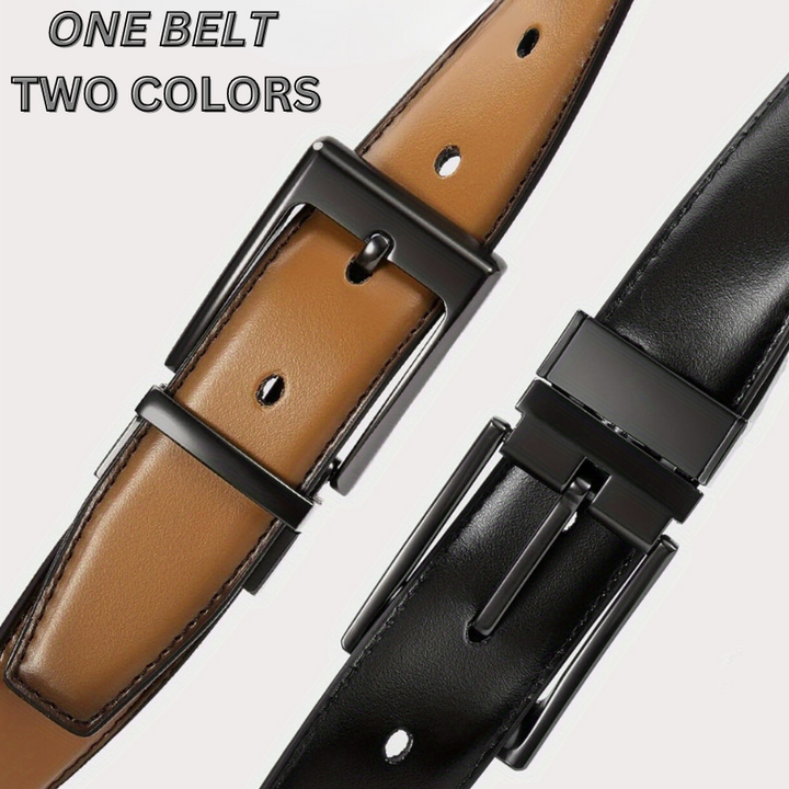 Fashionable men's genuine leather belt, reversible design for black or brown looks, perfect as a dress or casual accessory.