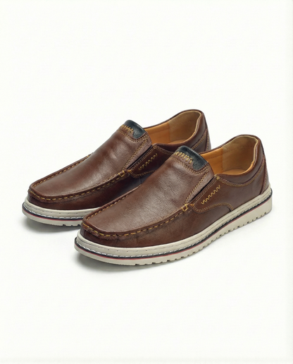 Men's genuine leather slip-on loafers in brown, perfect for everyday comfort & casual wear.