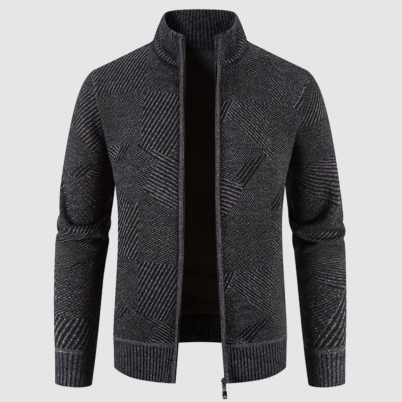 Men's geometric zip cardigan with mock neck. Stylish & comfortable for smart casual fall/winter layering.