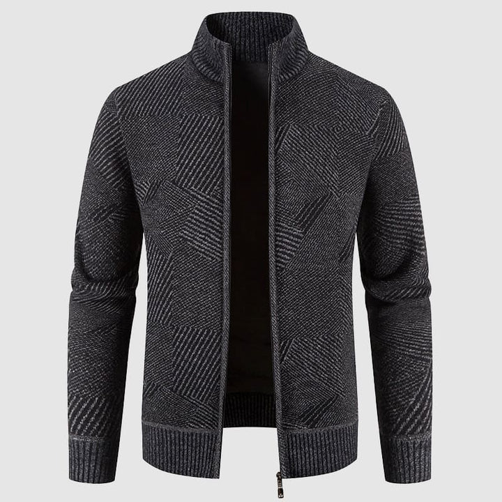 Men's geometric zip cardigan with mock neck. Stylish & comfortable for smart casual fall/winter layering.