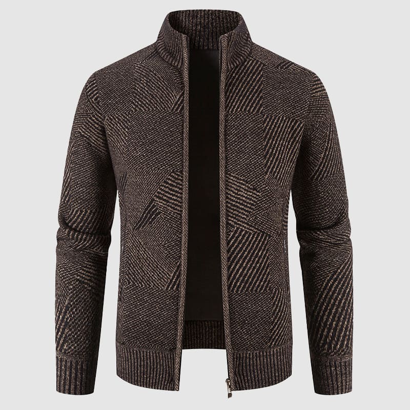 Close-up of men's geometric pattern zip cardigan, showing mock neck and smart casual design.
