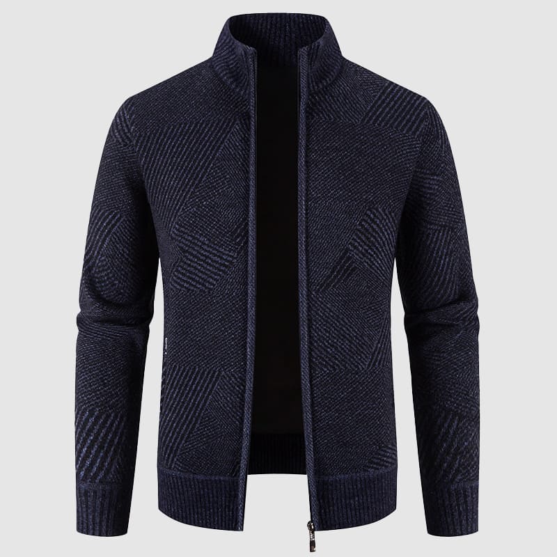 Comfortable men's mock neck zip cardigan with geometric design, perfect for stylish fall & winter outerwear.