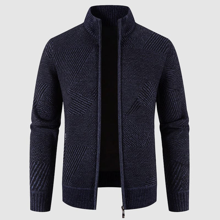 Comfortable men's mock neck zip cardigan with geometric design, perfect for stylish fall & winter outerwear.