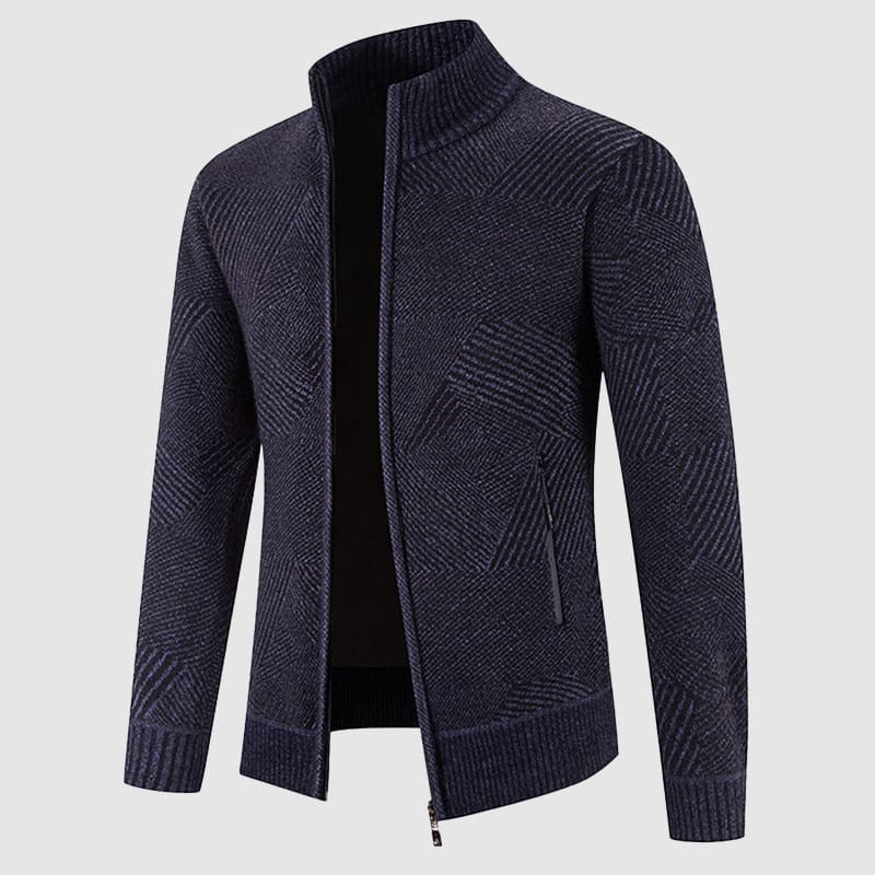 Modern men's geometric zip cardigan, mock neck style, ideal for versatile smart casual layering.