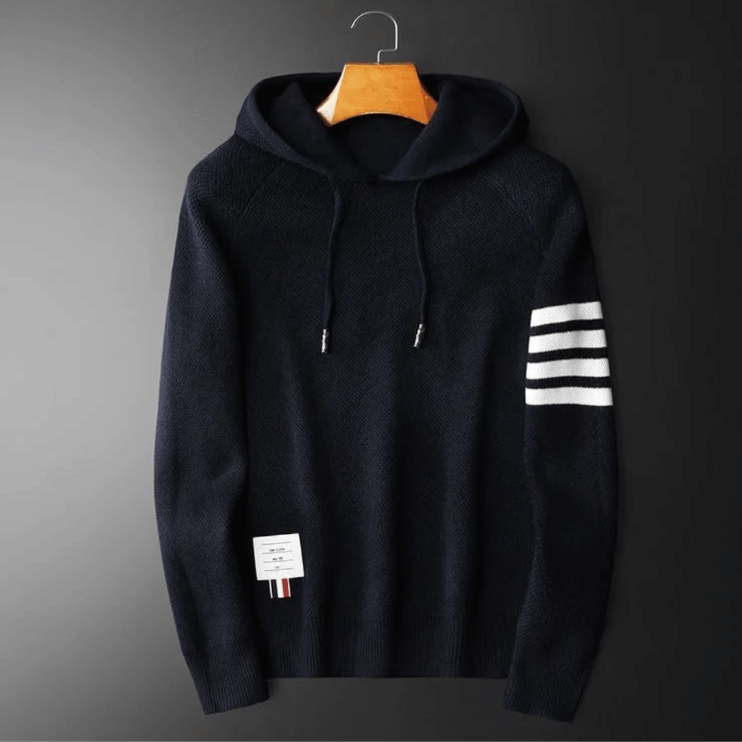 Stylish men's fashion pullover hoodie featuring unique elevated stripe detail, a versatile casual top.