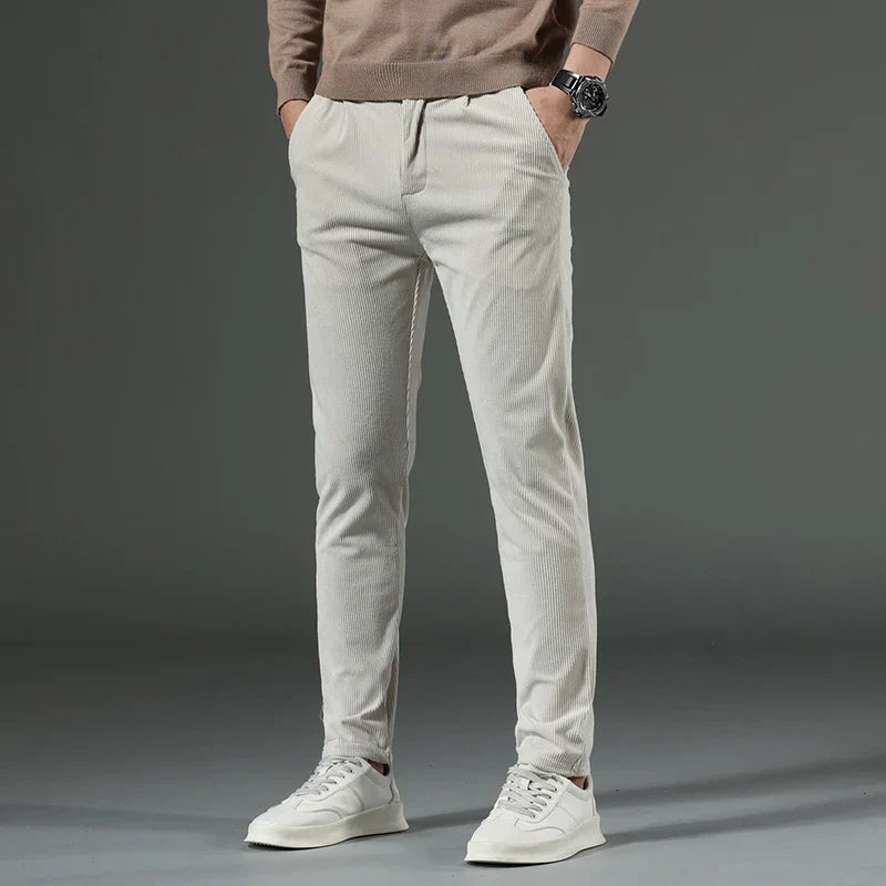 Sophisticated men's textured corduroy pants. Stylish Glendale bottoms for casual wear.