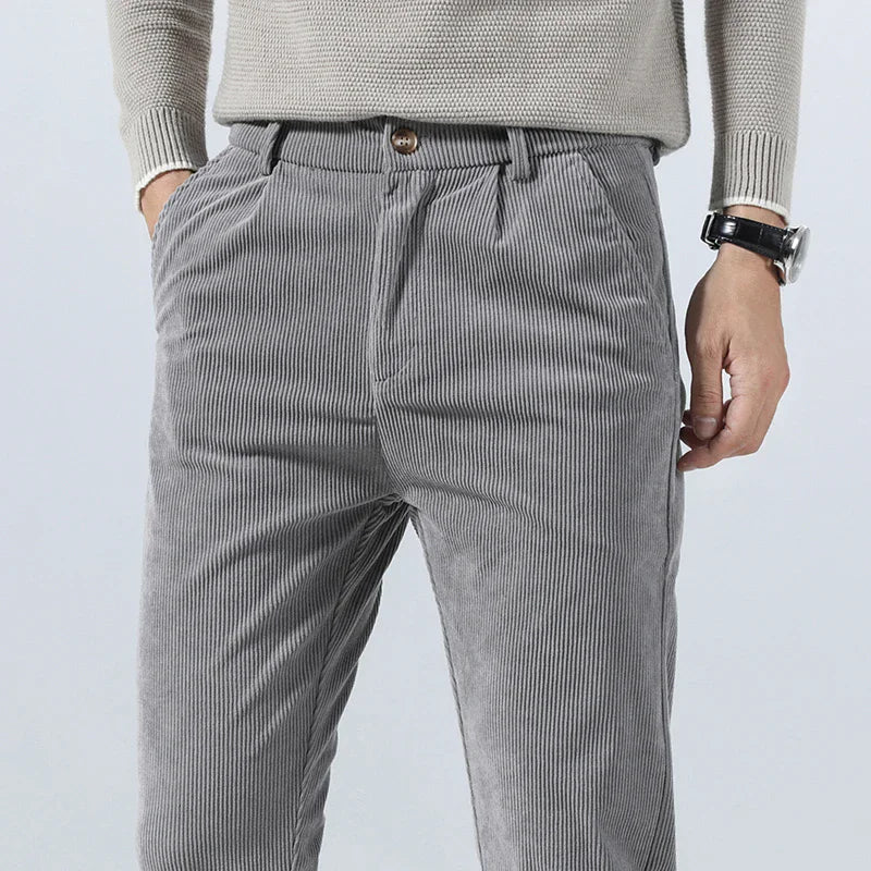 Close-up of textured men's corduroy trousers. Glendale pants for comfortable everyday style.