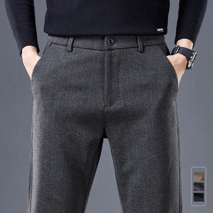 Men's gray contour fit tailored pants. Comfort stretch fabric for modern style, perfect for versatile casual wear.