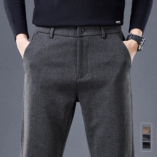 Men's gray contour fit tailored pants. Comfort stretch fabric for modern style, perfect for versatile casual wear.