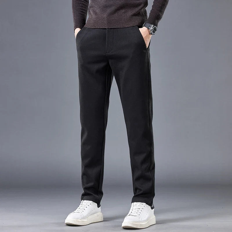 Khaki men's contour fit pants. Modern tailored style with comfortable stretch fabric, ideal for smart casual wear.