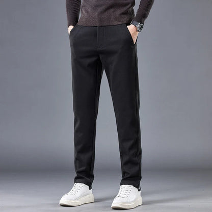 Khaki men's contour fit pants. Modern tailored style with comfortable stretch fabric, ideal for smart casual wear.