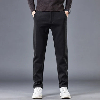 Modern black men's contour fit pants. Tailored comfort & stretch for versatile casual or office wear.