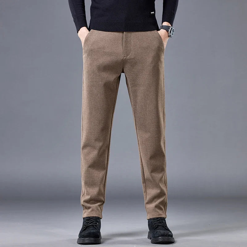 Gray men's contour fit comfort pants. Tailored stretch design for a modern, versatile casual style.