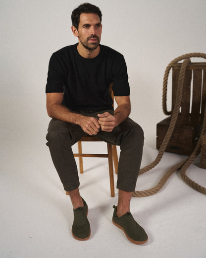 Close-up of soft cotton blend fabric on men's tapered joggers, ensuring comfort & quality for loungewear.