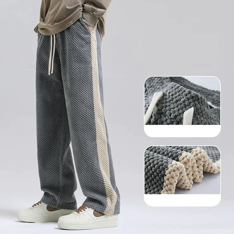 Comfortable black men's waffle knit corduroy joggers, perfect for relaxing or casual outings.