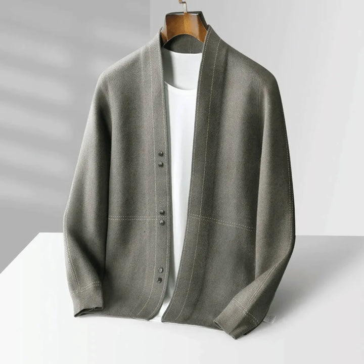 Men's green button-front knit cardigan for smart casual layering, perfect for fall fashion and winter wear.