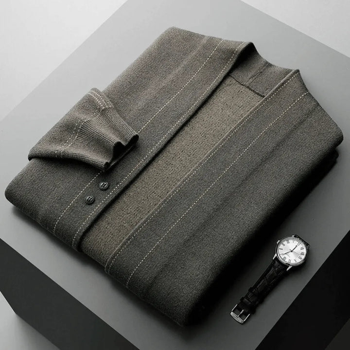 Classic men's dark blue button-front knit cardigan, a timeless piece for smart casual fall and winter outfits.