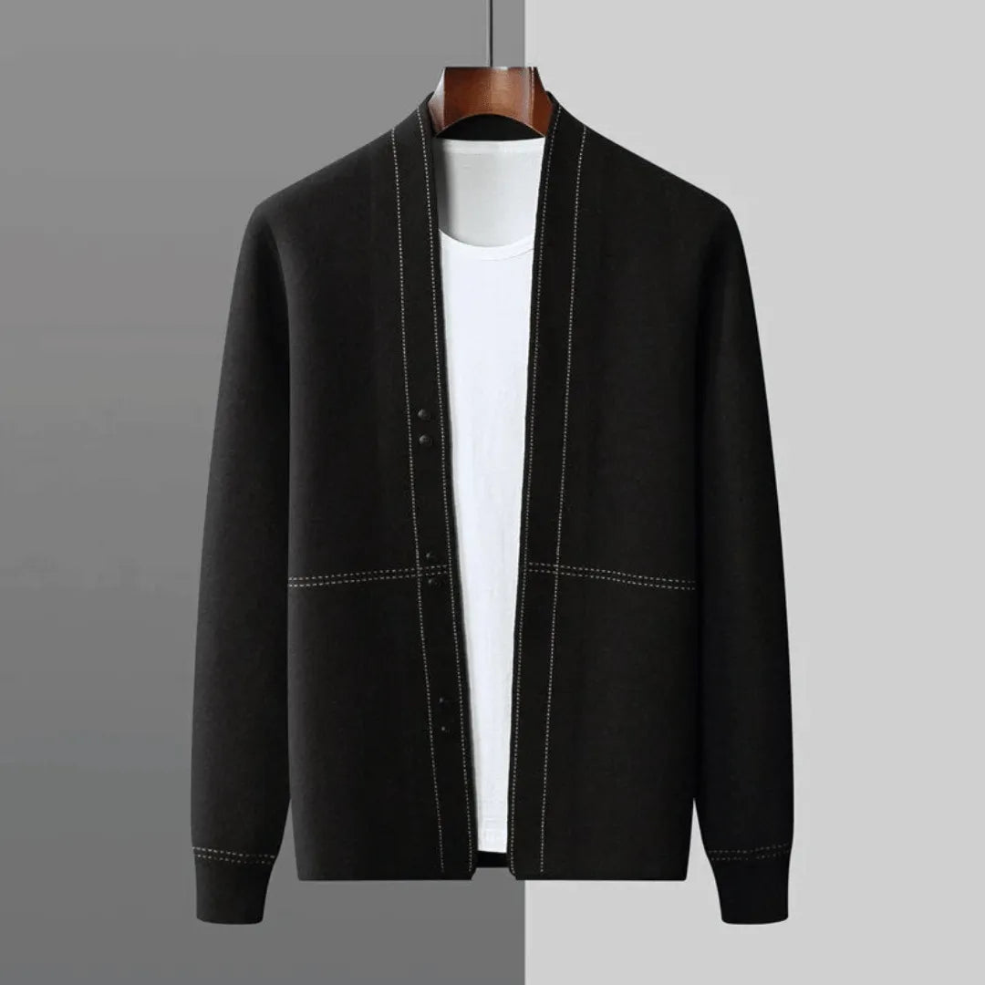 Comfortable black knit button-front men's cardigan, excellent for layering in smart casual or business casual styles.