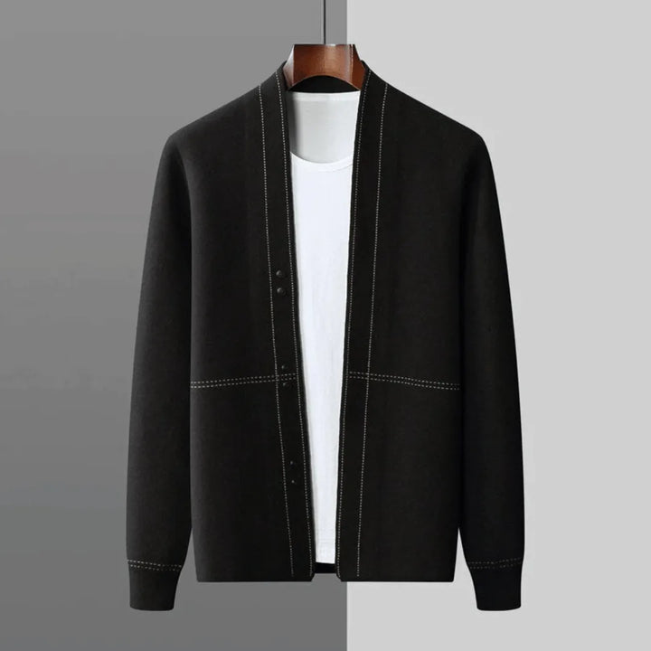 Comfortable black knit button-front men's cardigan, excellent for layering in smart casual or business casual styles.