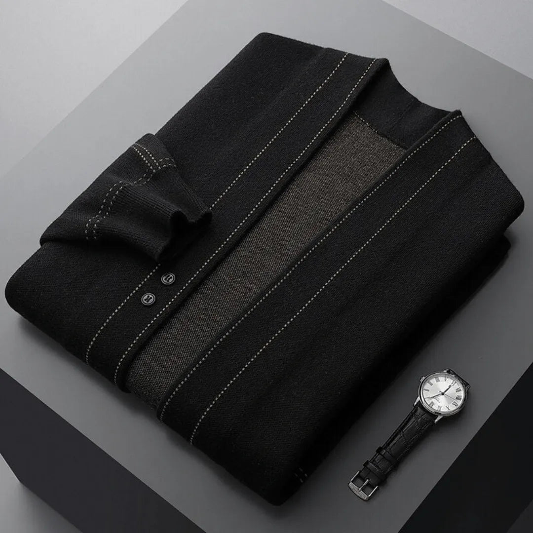 Soft knit men's cardigan with button front, a key item for smart casual fall fashion and cozy winter layering.