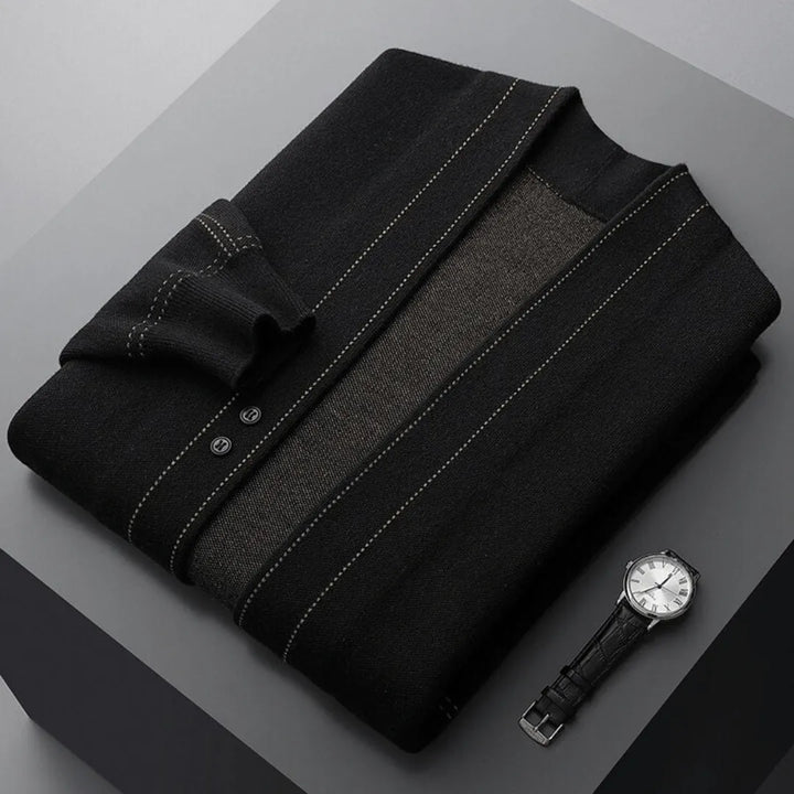 Soft knit men's cardigan with button front, a key item for smart casual fall fashion and cozy winter layering.