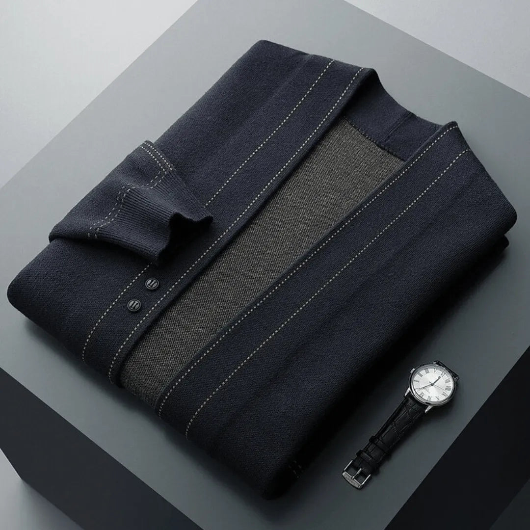 Men's comfortable knit cardigan featuring a button front, a versatile classic for smart casual fall and winter styles.