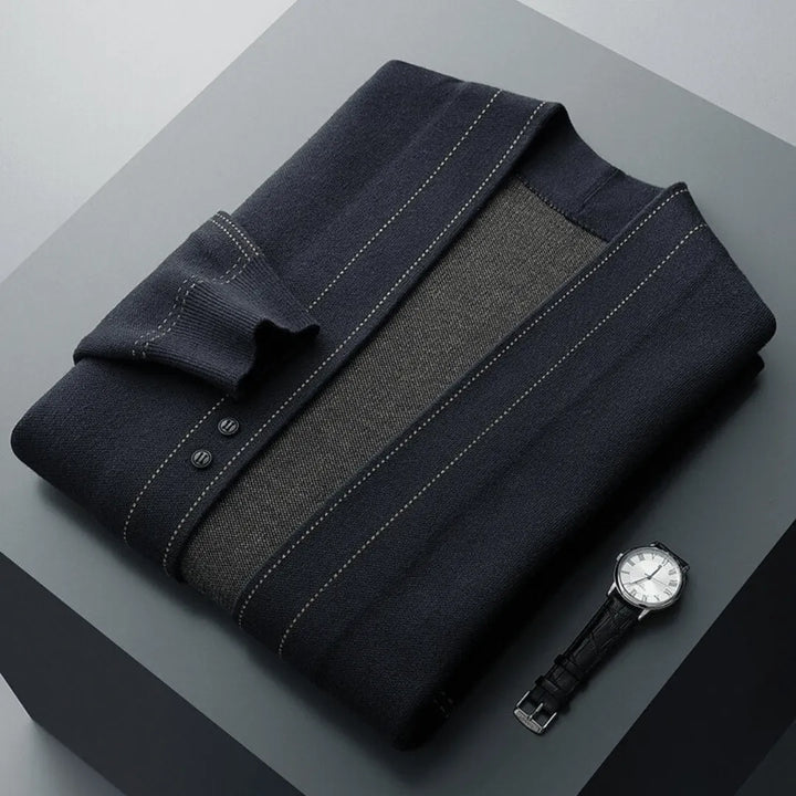 Men's comfortable knit cardigan featuring a button front, a versatile classic for smart casual fall and winter styles.