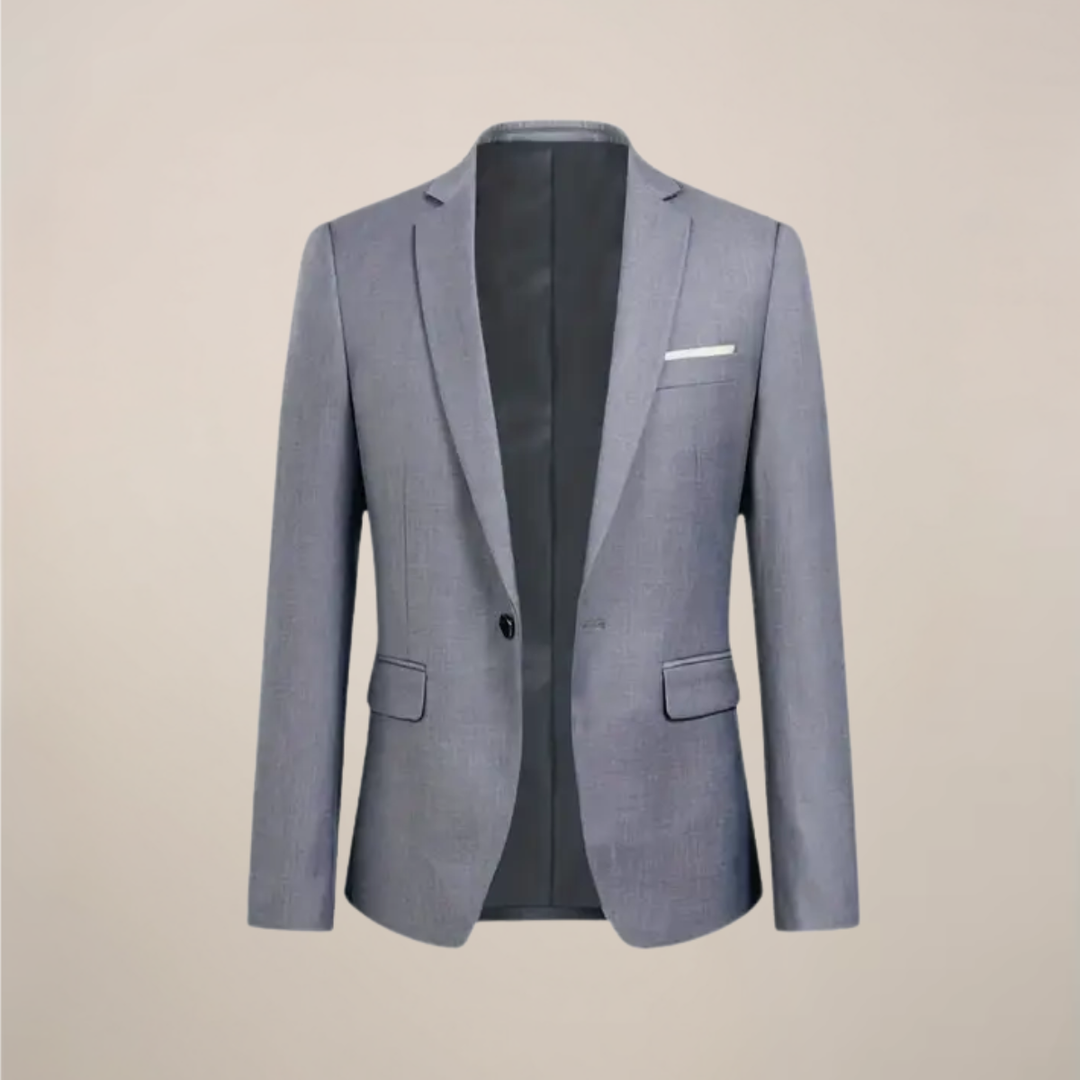 Elegant men's grey slim fit tuxedo. Perfect three-piece suit for weddings, formal wear, or business attire.