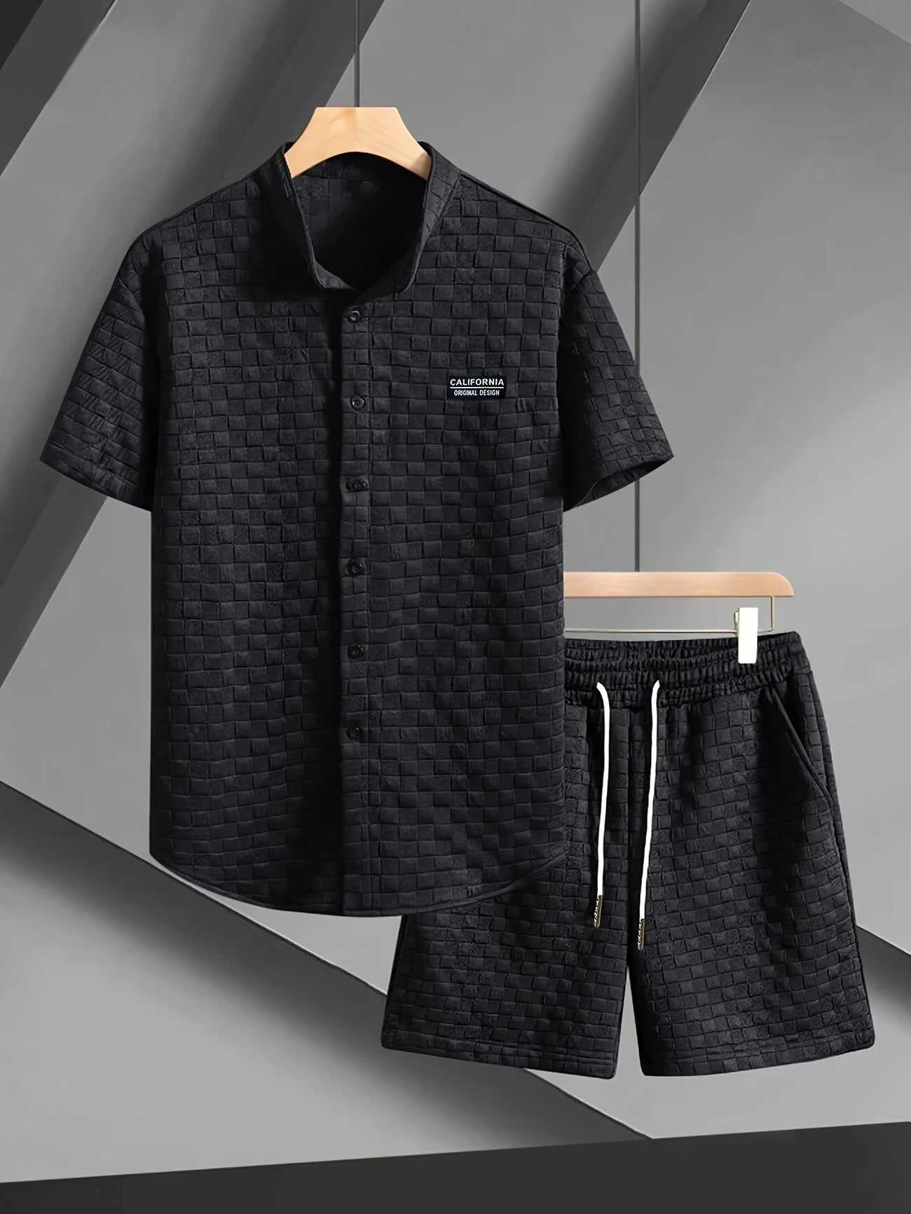 Men's gridline checkered lounge set, perfect for casual homewear & summer comfort.