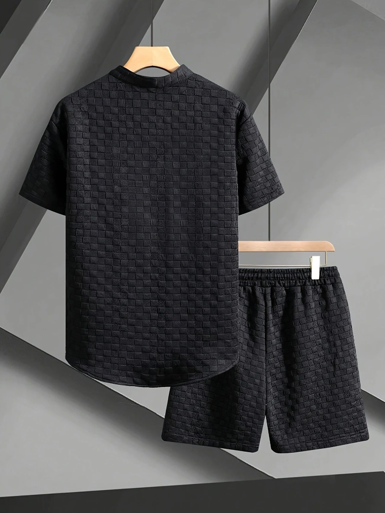 Breathable men's two-piece gridline checkered lounge set, ideal for relaxed comfort at home or streetwear.