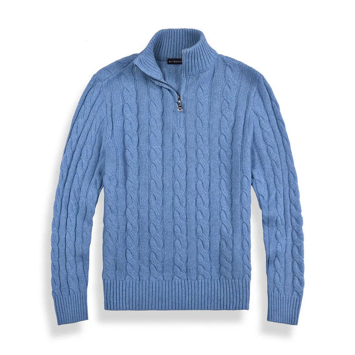 Close-up of a men's cable knit sweater, showing intricate texture and half-zip detail.