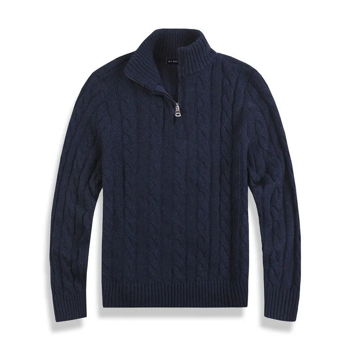 Soft men's knitwear: a classic half zip cable knit sweater, a comfortable winter essential.