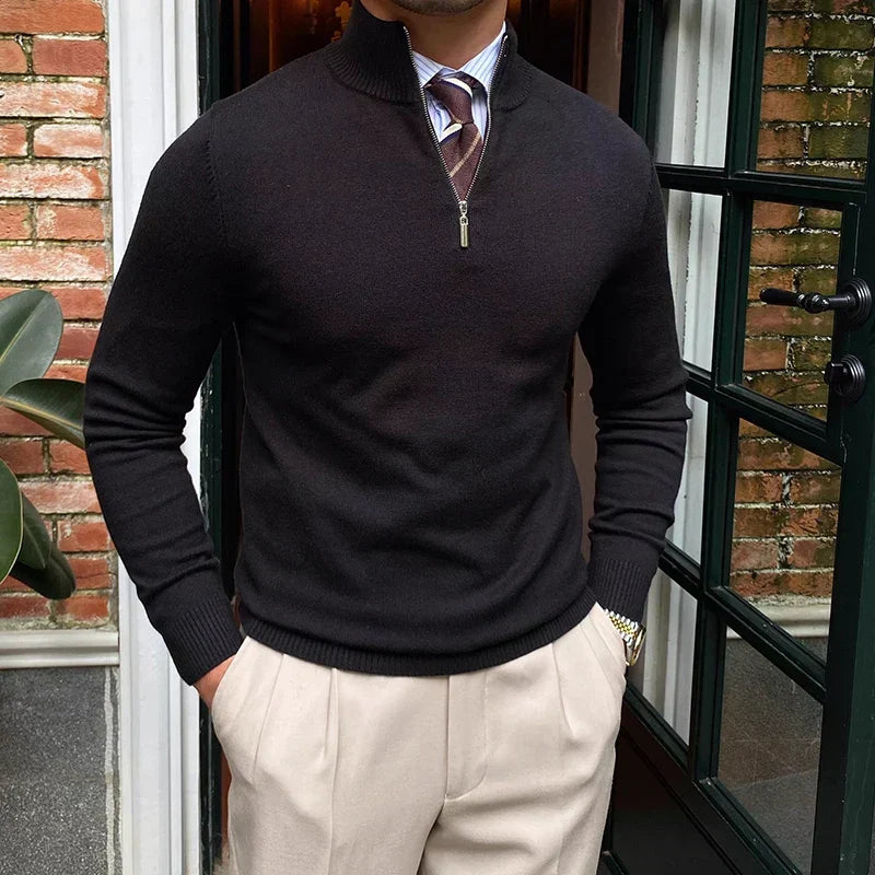 Men's half-zip knit sweater in dark grey, ideal for smart casual winter style & versatile layering. Comfort meets elegance.