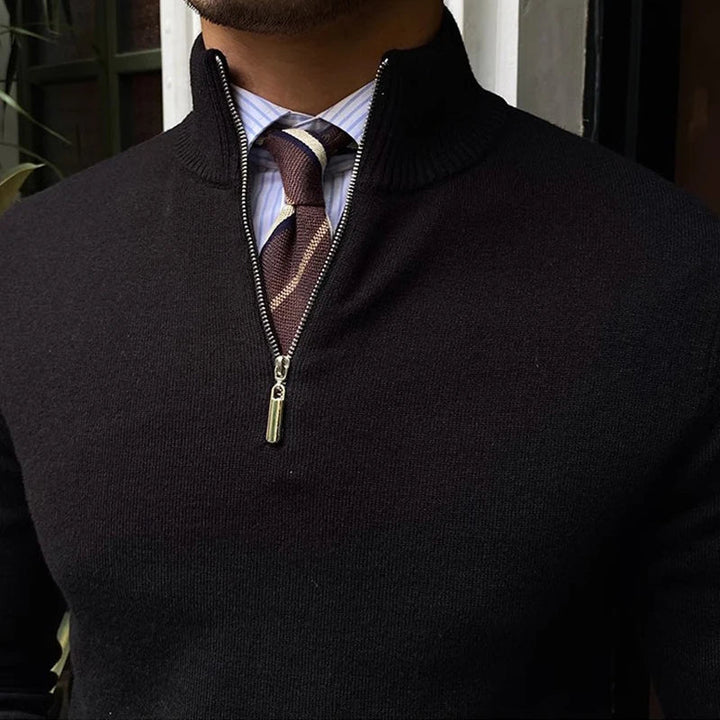 Close-up of a men's elegant knit half-zip sweater, showcasing comfortable texture for autumn & winter smart casual fashion.
