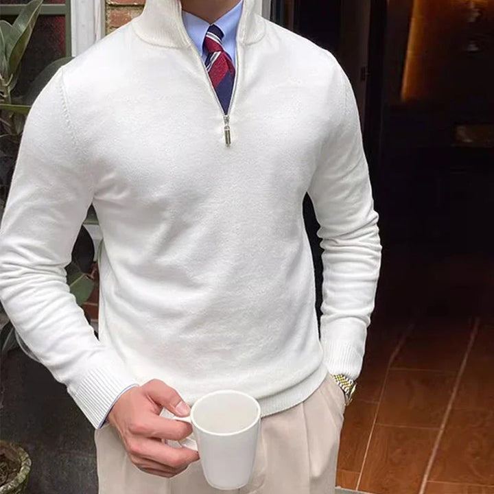 Men's versatile beige knit half-zip sweater, perfect for elegant layering & smart casual winter outfits. Cozy & chic.