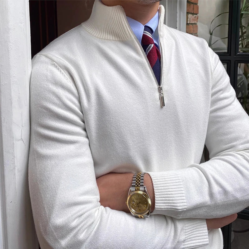 Classic men's half-zip knit sweater for smart casual winter wear, combining comfort, warmth & modern elegance.