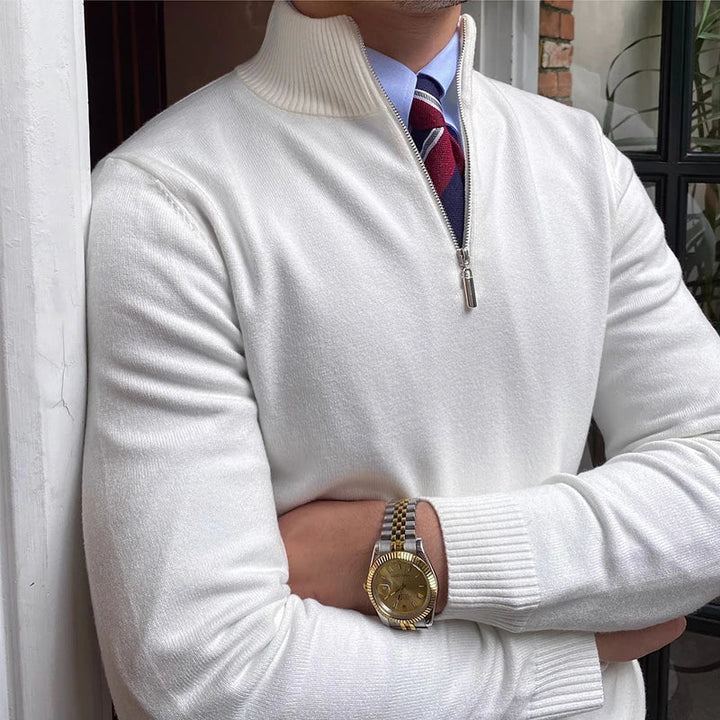 Classic men's half-zip knit sweater for smart casual winter wear, combining comfort, warmth & modern elegance.