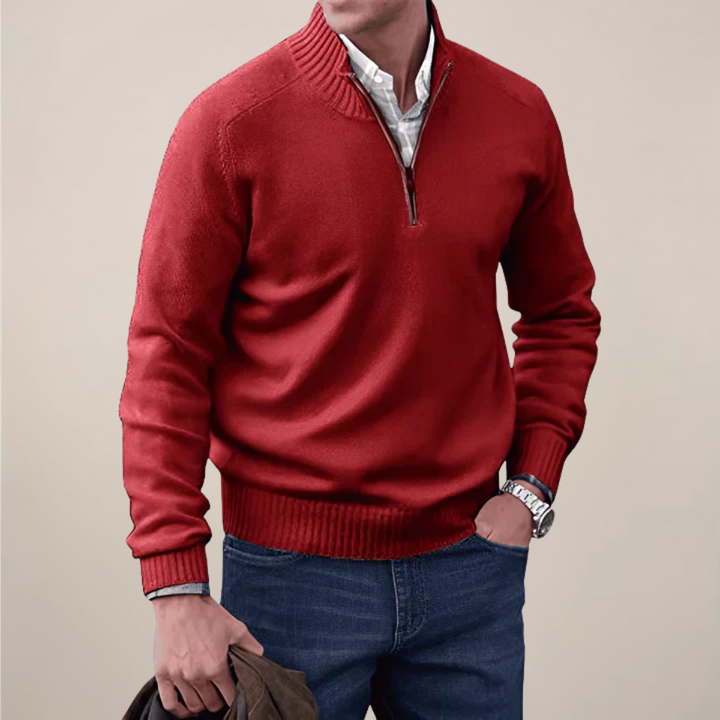 Essential men's half-zip pullover sweater, combining smart & casual style for modern menswear looks.