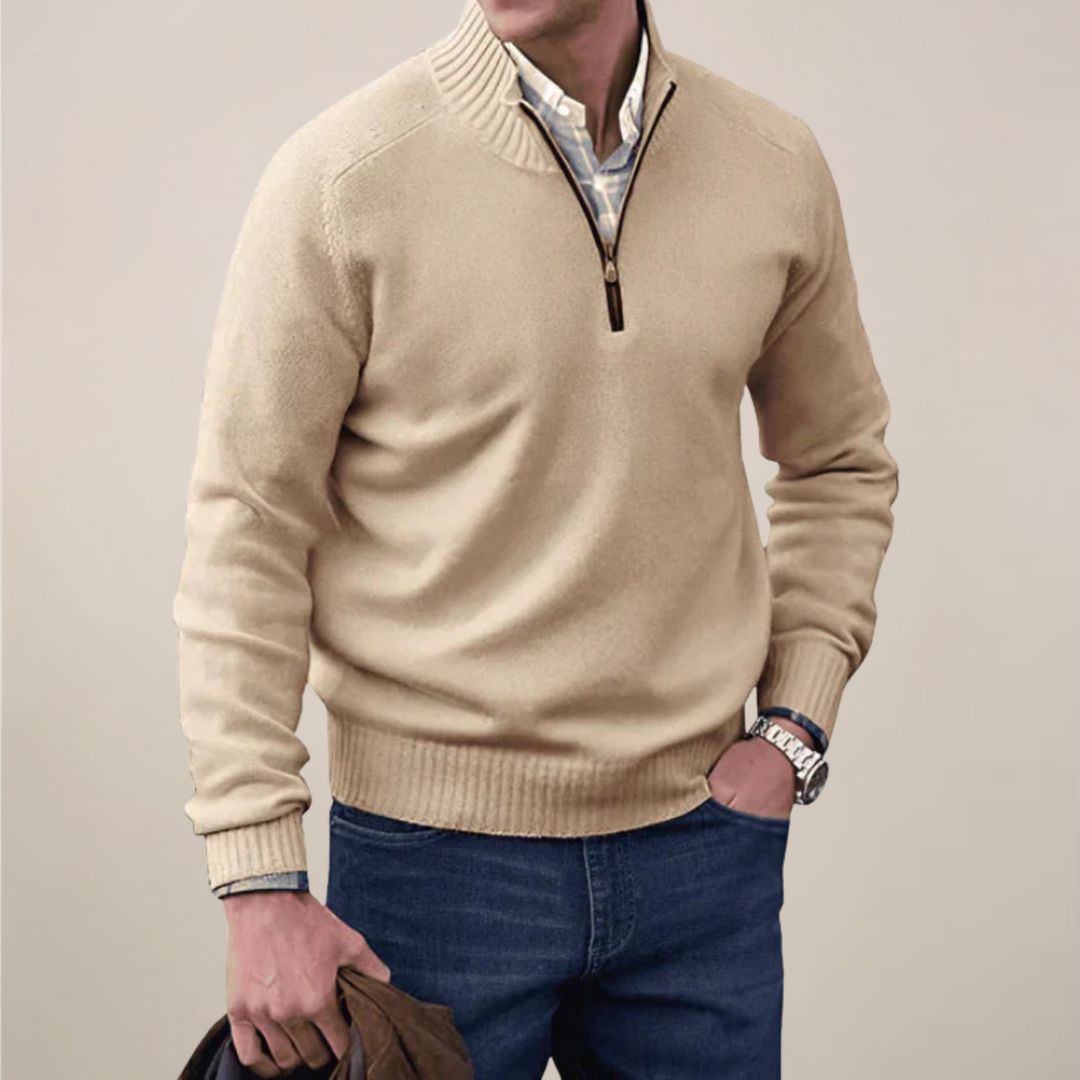 Stylish men's half-zip pullover sweater, perfect for smart casual office wear or versatile layering.